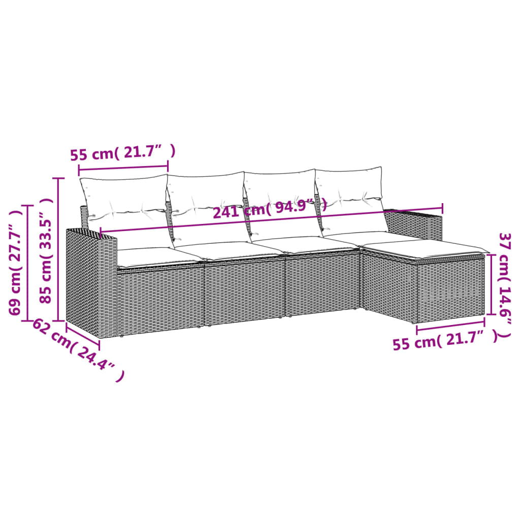 Muebles de jardín de 5 PC con cojines de resina trenzado negro