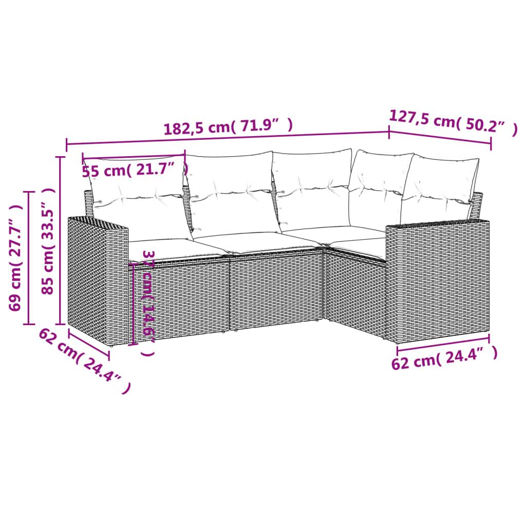 Móveis de jardim de 4 pcs com almofadas de resina marrom trançada