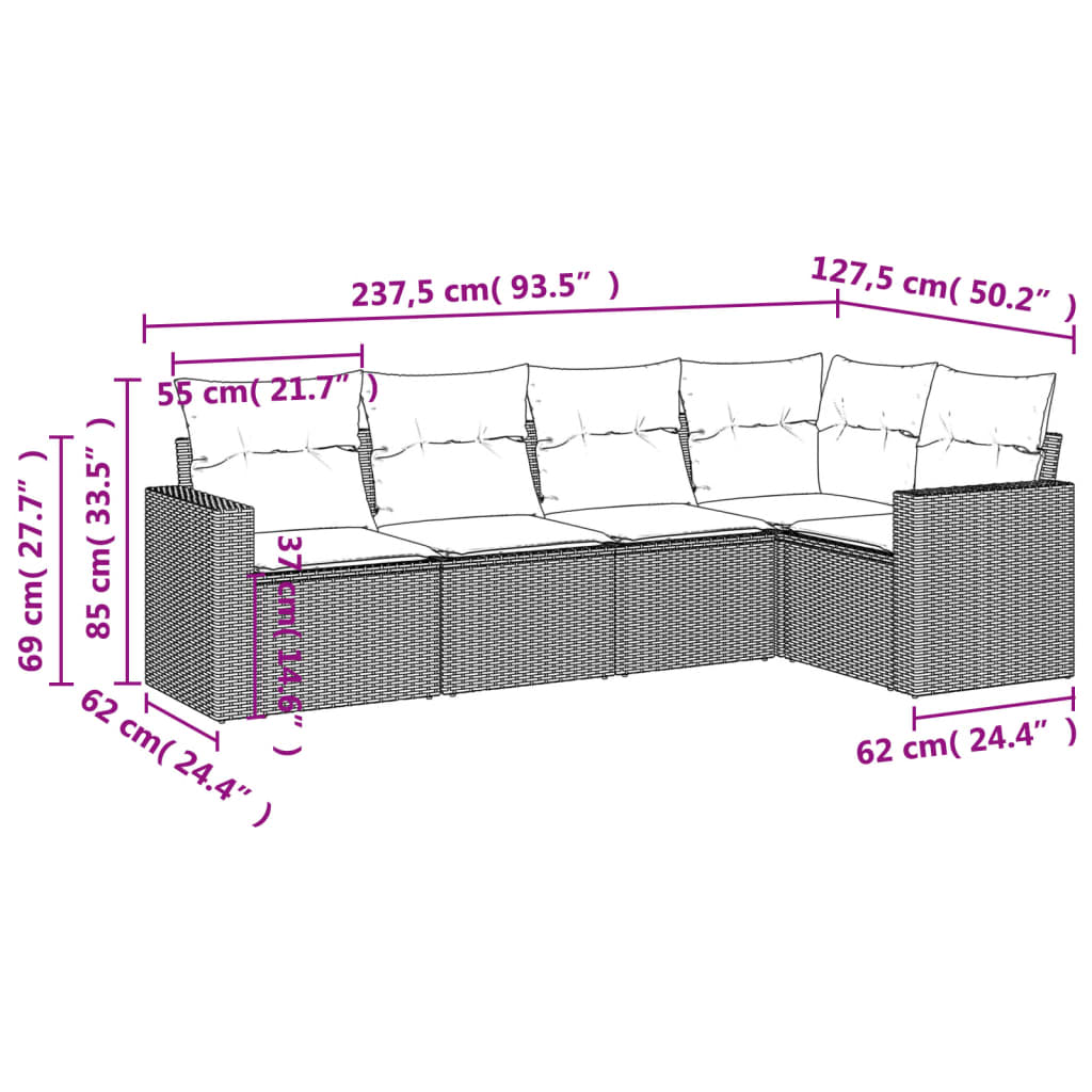 Muebles de jardín de 5 PC con cojines de resina trenzado negro