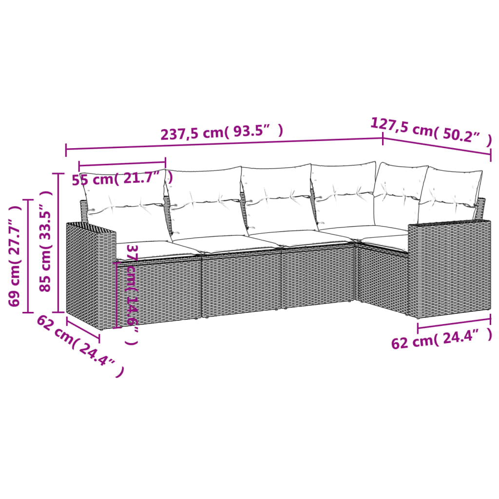 Móveis de jardim com almofadas 5 PCs Resina trançada