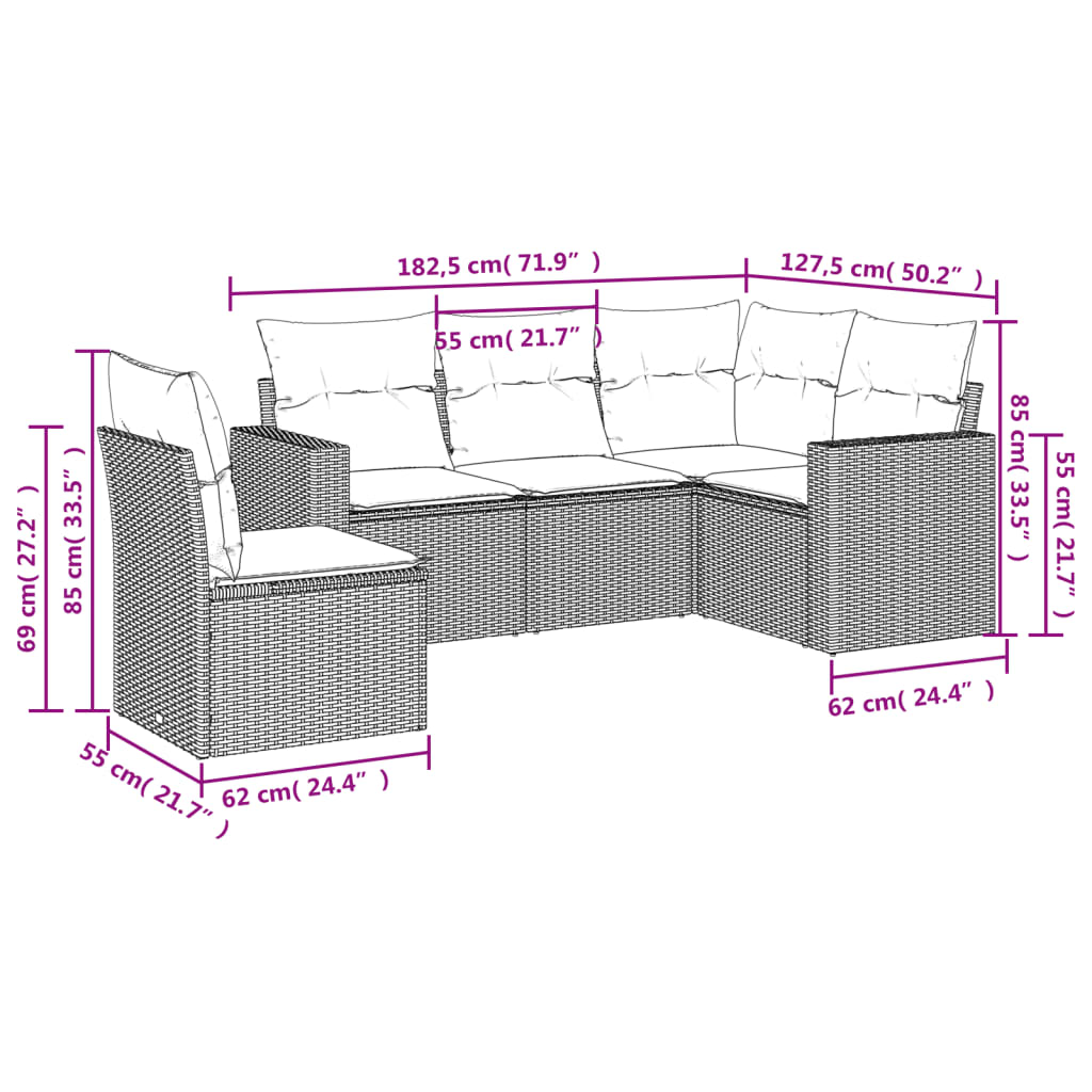 Muebles de jardín de 5 PC con cojines de resina trenzado negro