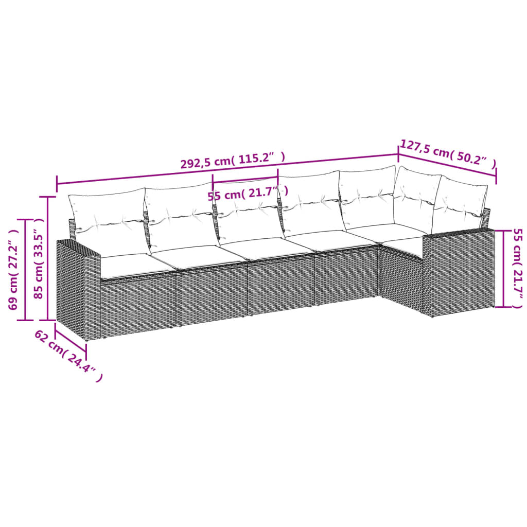 6 PCS Móveis de jardim com almofadas de resina trançada preta