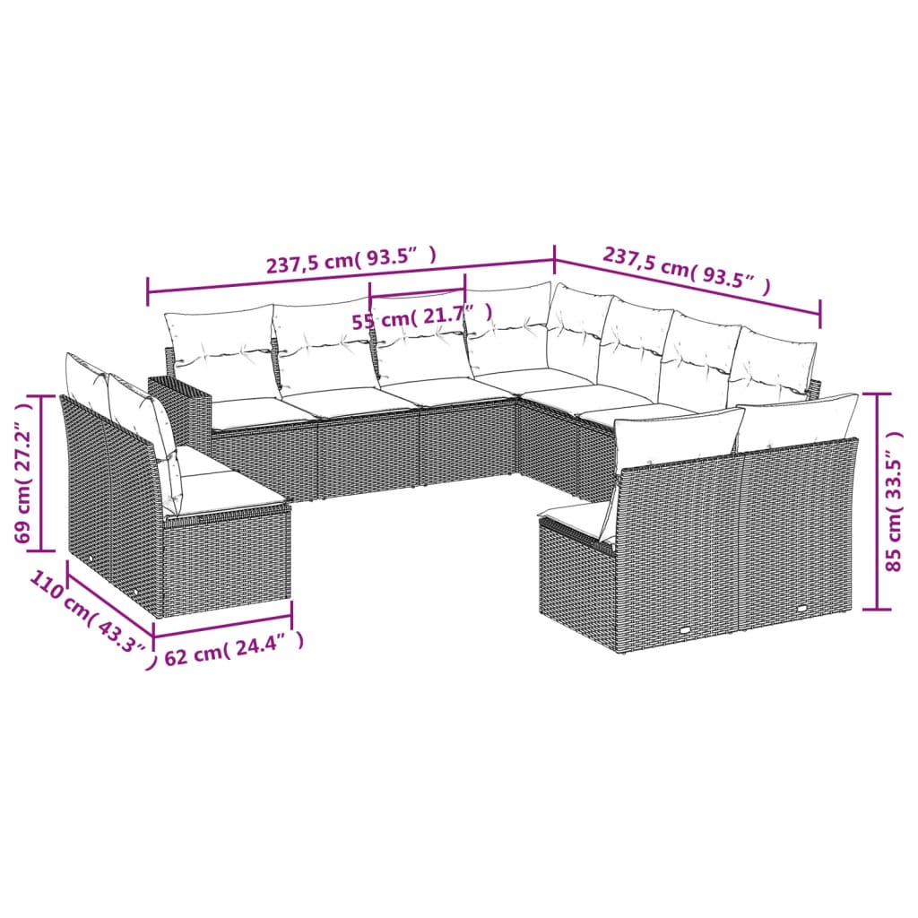 Muebles de jardín y cojines 11 PCS RADURADO RESINACIÓN