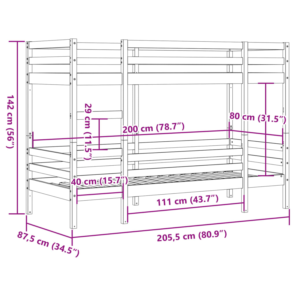 Litera de 90x190 cm de madera de pino sólido