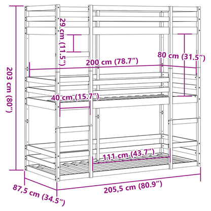 Bunk triple litera 90x190 cm de madera de pino sólido