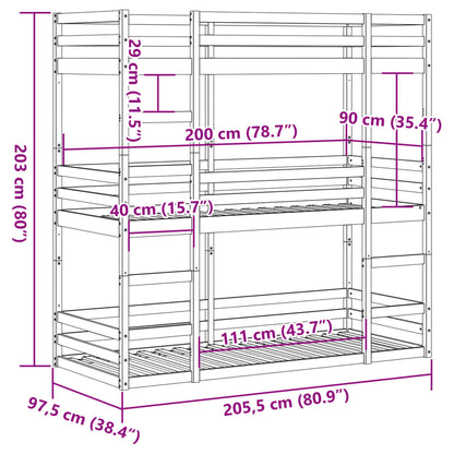 Bunk triple litera 90x190 cm de madera de pino sólido