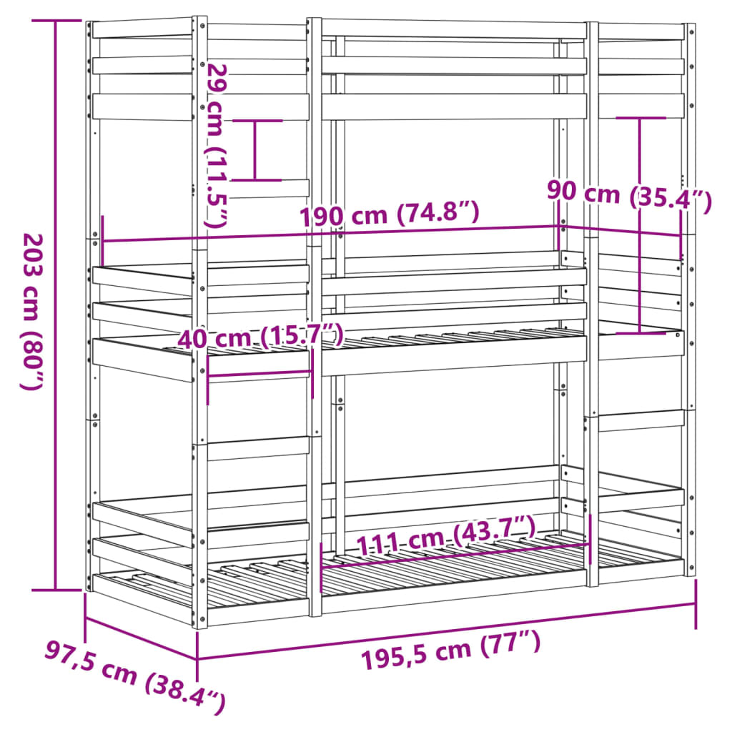 Bunk triple litera 90x190 cm de madera de pino sólido