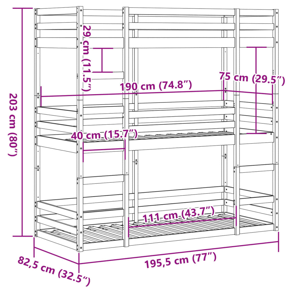 Bunk triple litera 90x190 cm de madera de pino sólido