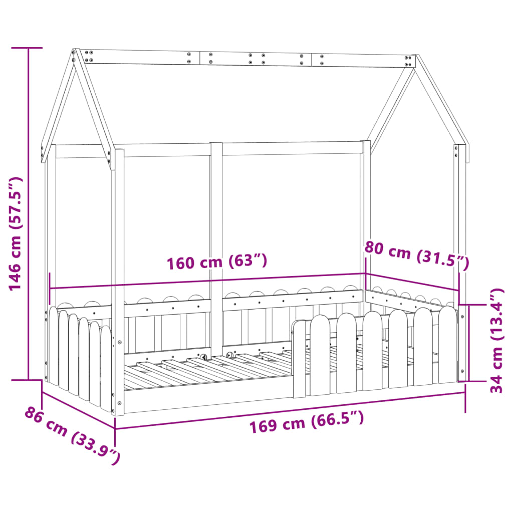 Children's bed frame 70x140cm solid pine wood