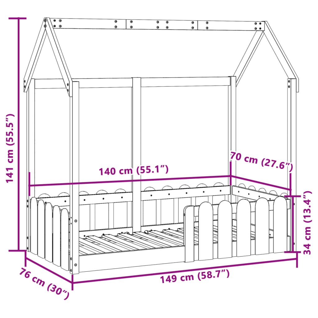 Children's bed frame 70x140cm solid pine wood