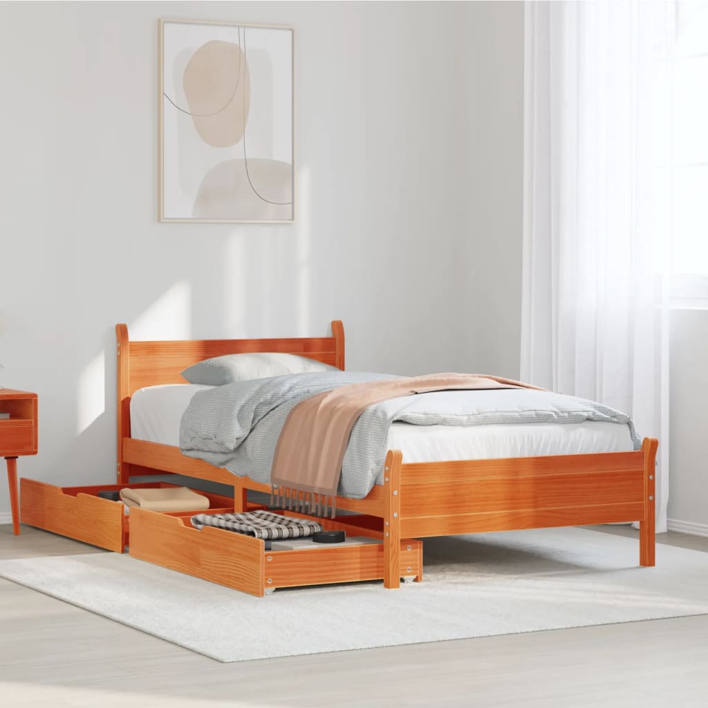 Bed frame without brown wax mattress 90x190 cm solid pine wood