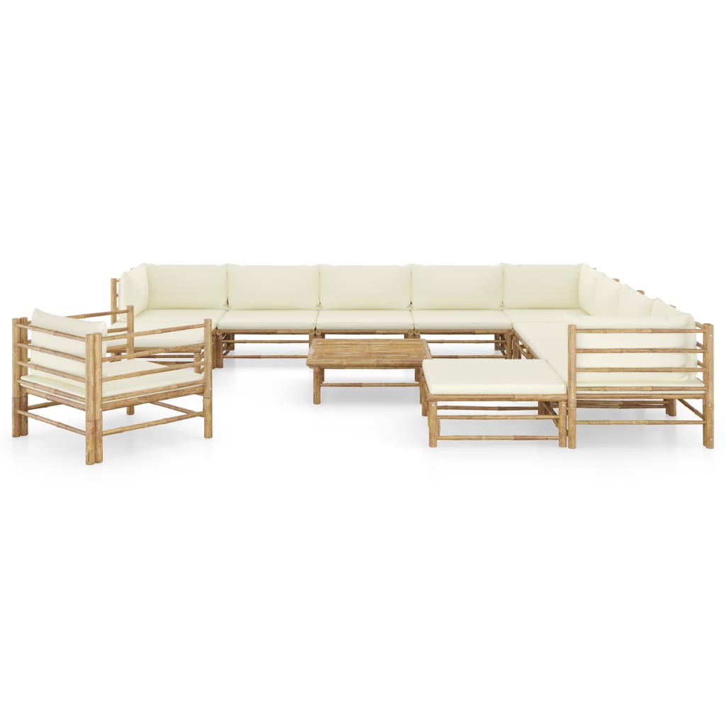 Salon de jardin XXL 12 pièces Bambou avec coussin blanc crème BALI