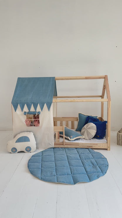 Pack Habillage Maisonnette "Jeans" pour lit Cabane + tapis + coussin voiture