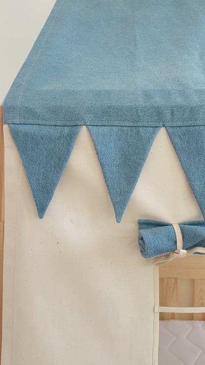 Pack Habillage Maisonnette "Jeans" pour lit Cabane + tapis + coussin voiture