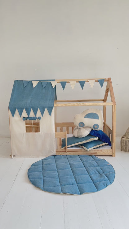 Pack Habillage Maisonnette "Jeans" pour lit Cabane + tapis + coussin voiture