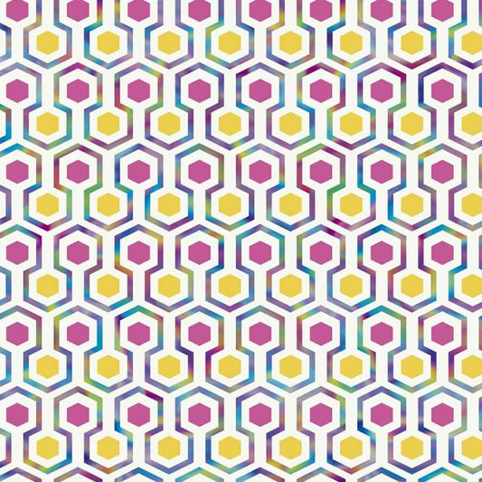 Buenas vibraciones de papel tapiz hexágono rosa y amarillo