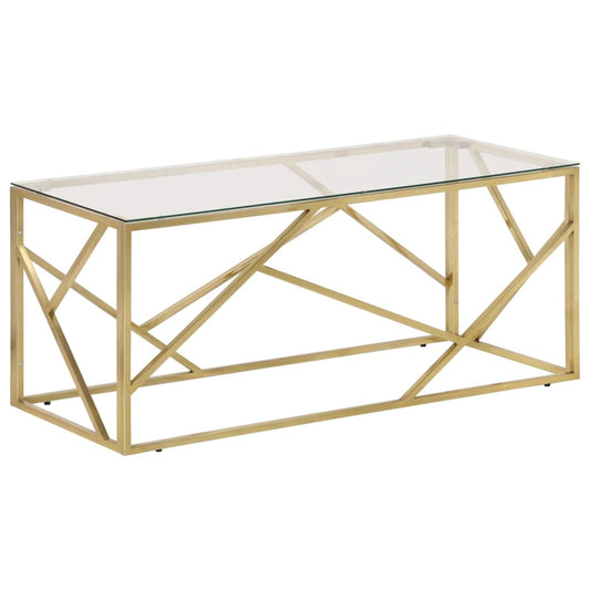 Mesa de café dorada de acero inoxidable y vidrio templado