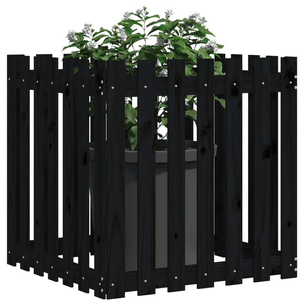Jardinière avec design de clôture noir 70x70x70 cm pin massif