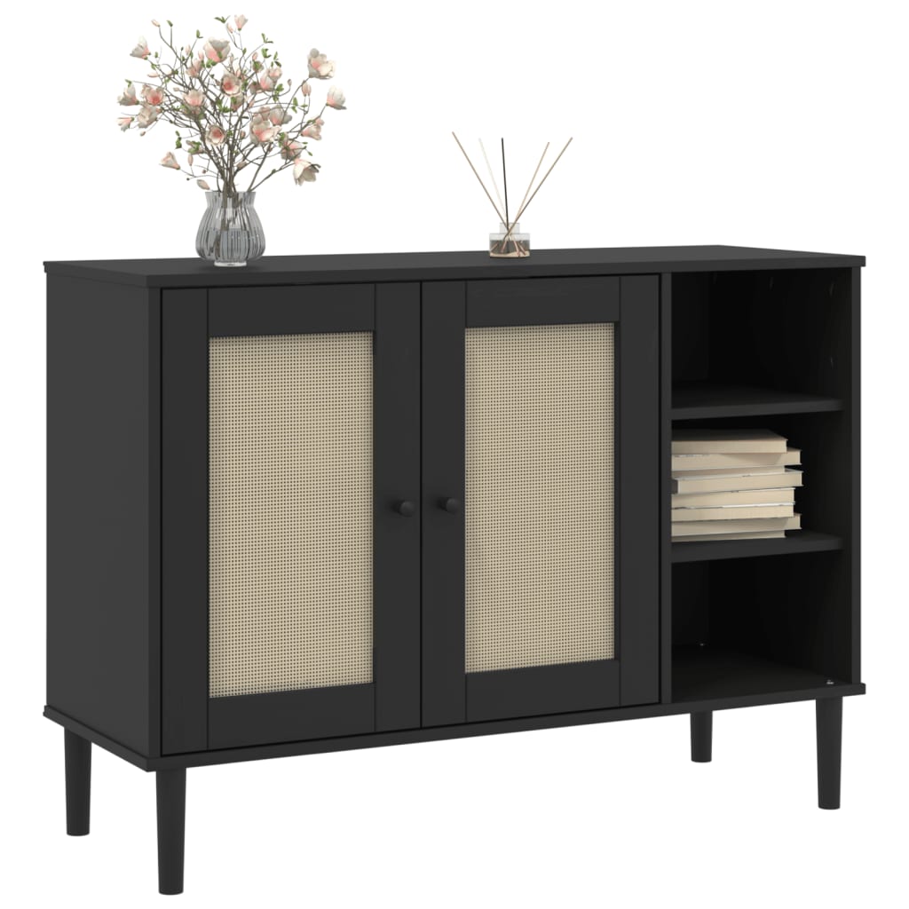 Buffet SENJA aspect rotin noir 112x40x80cm bois massif de pin