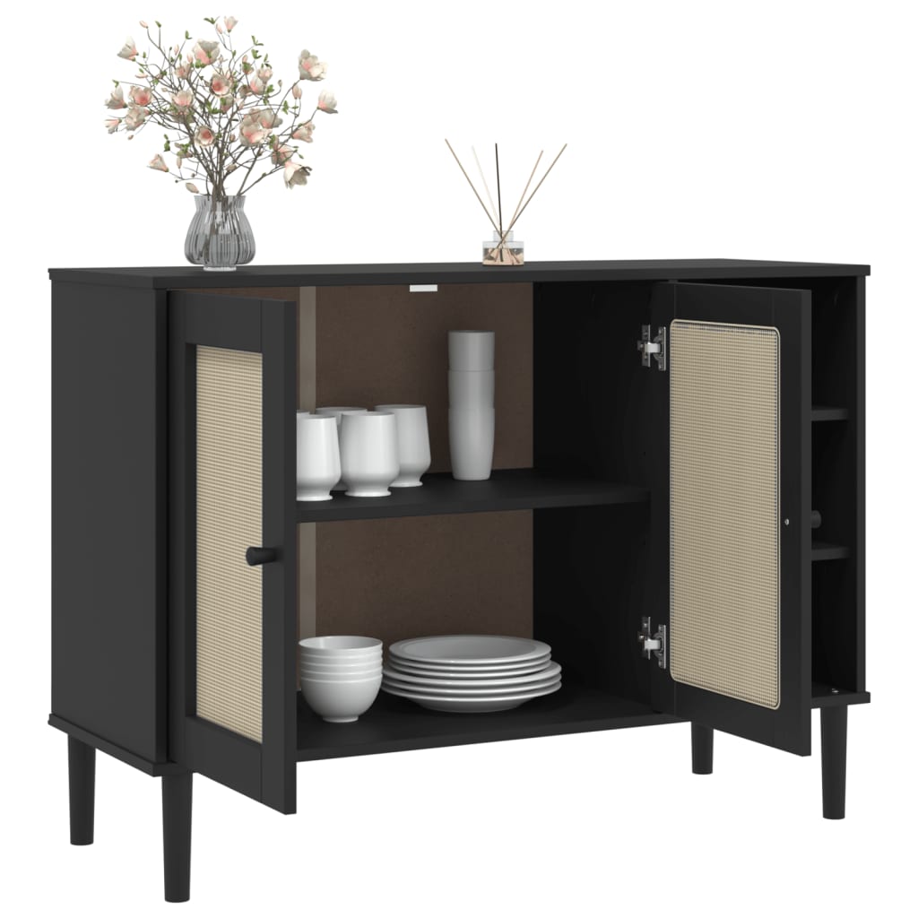 Buffet SENJA aspect rotin noir 112x40x80cm bois massif de pin