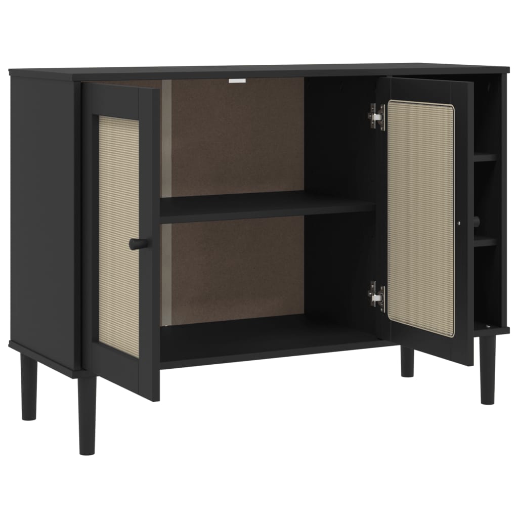 Buffet SENJA aspect rotin noir 112x40x80cm bois massif de pin