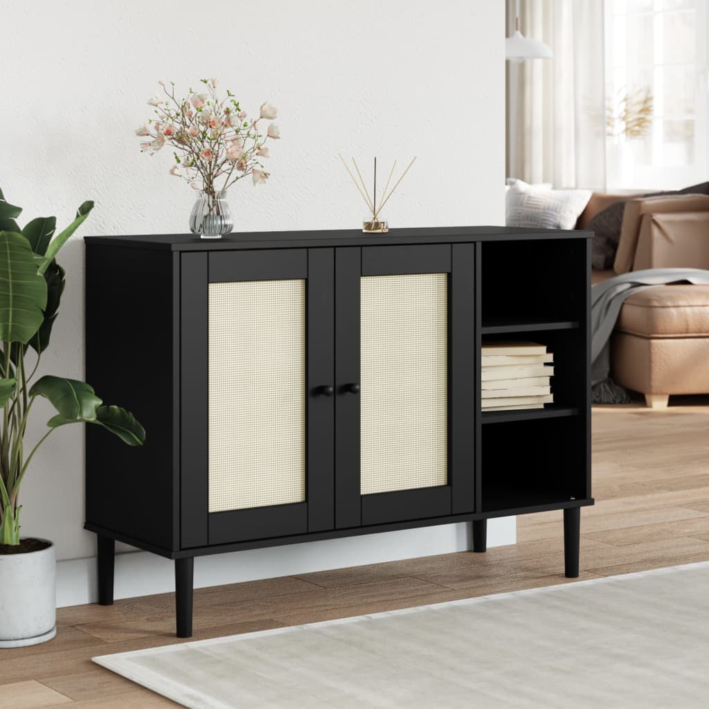 Buffet SENJA aspect rotin noir 112x40x80cm bois massif de pin