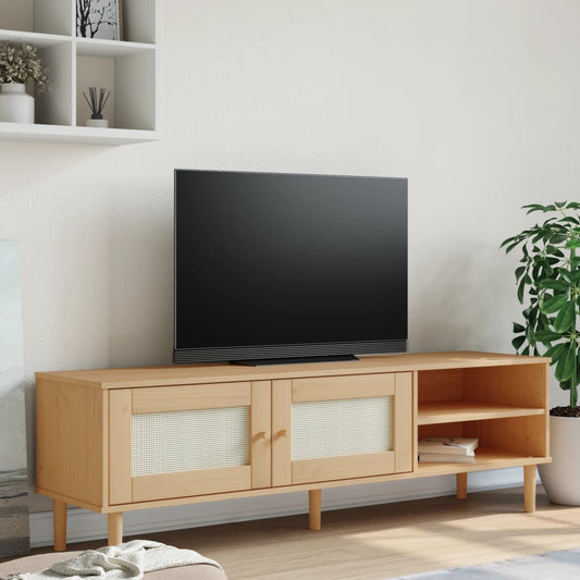 Senja TV Cabinet Aspetto Brown Rattan 158x40x49 cm Pinna in legno massiccio