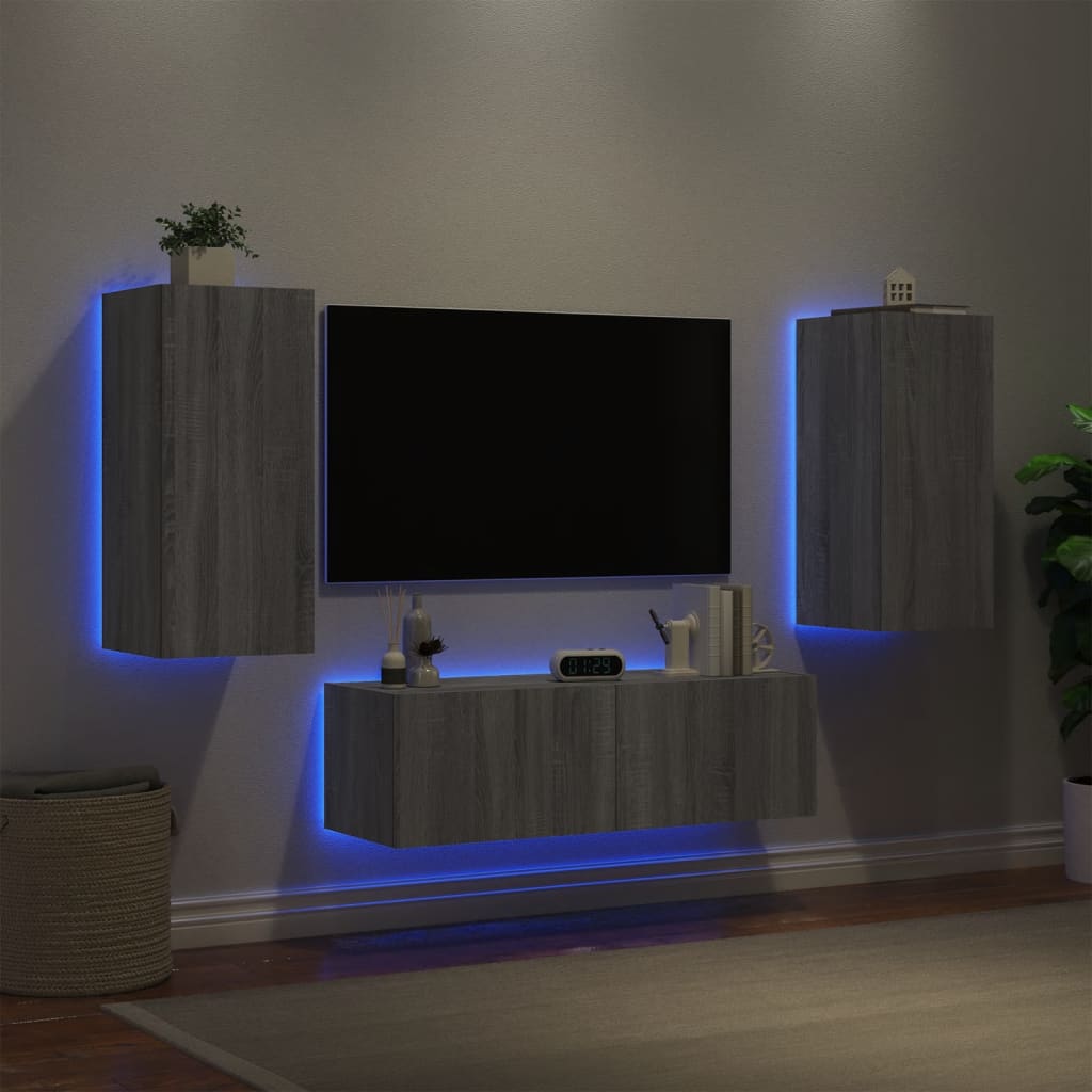 Meuble TV mural 3 pcs avec lumières LED sonoma gris