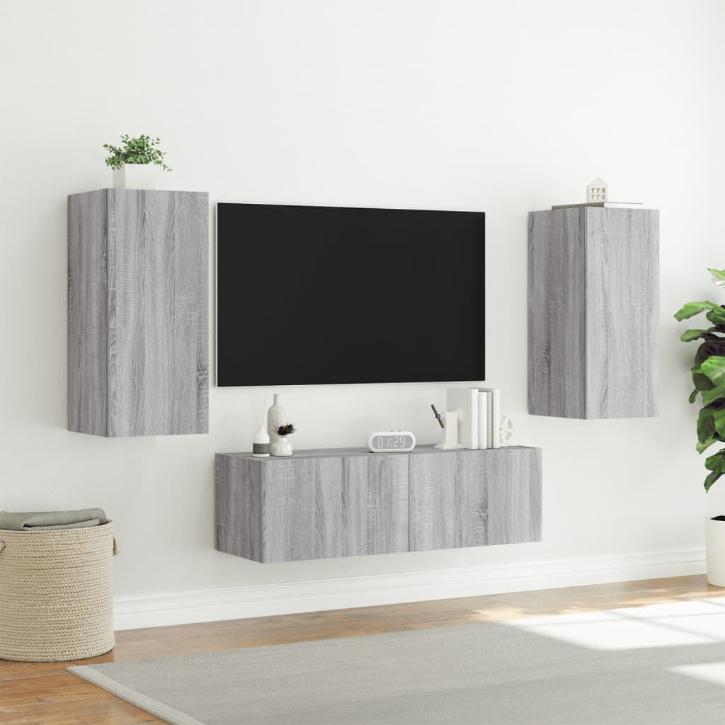 Meuble TV mural 3 pcs avec lumières LED sonoma gris