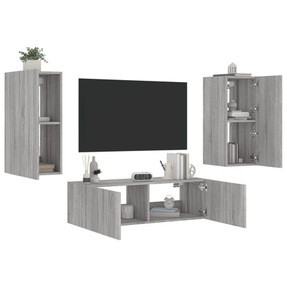 Meuble TV mural 3 pcs avec lumières LED sonoma gris